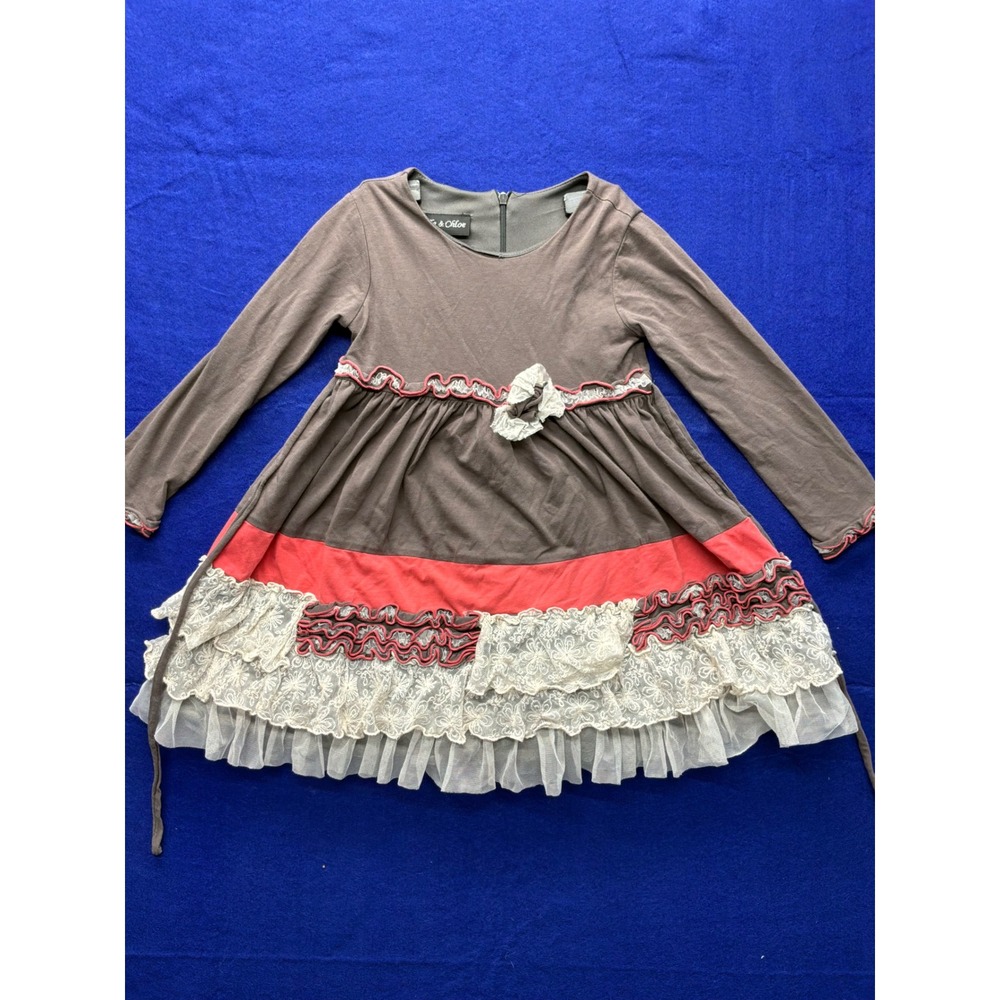 Isobella & Chloe Ruffle Tiered Dress‎ Girls 4T Brown Pink Lace
